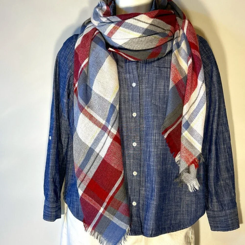 Scarf / wrap Blue & red large 58x58 plaid soft ranch academia USA wardrobe stapl